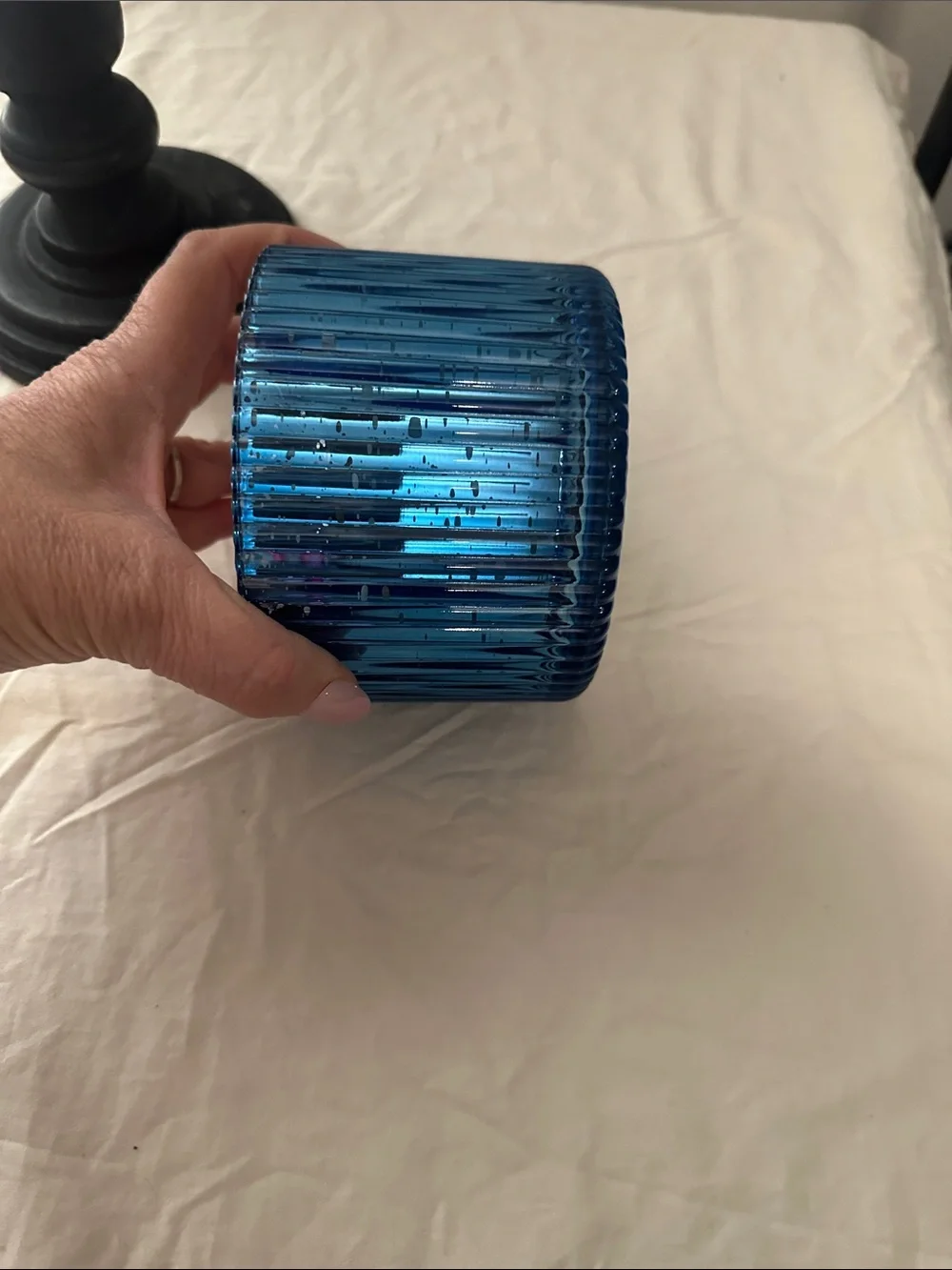 Malibu Lagoon Blue MercuryGlass Candle Jar & Black Wood candle stick. NWT